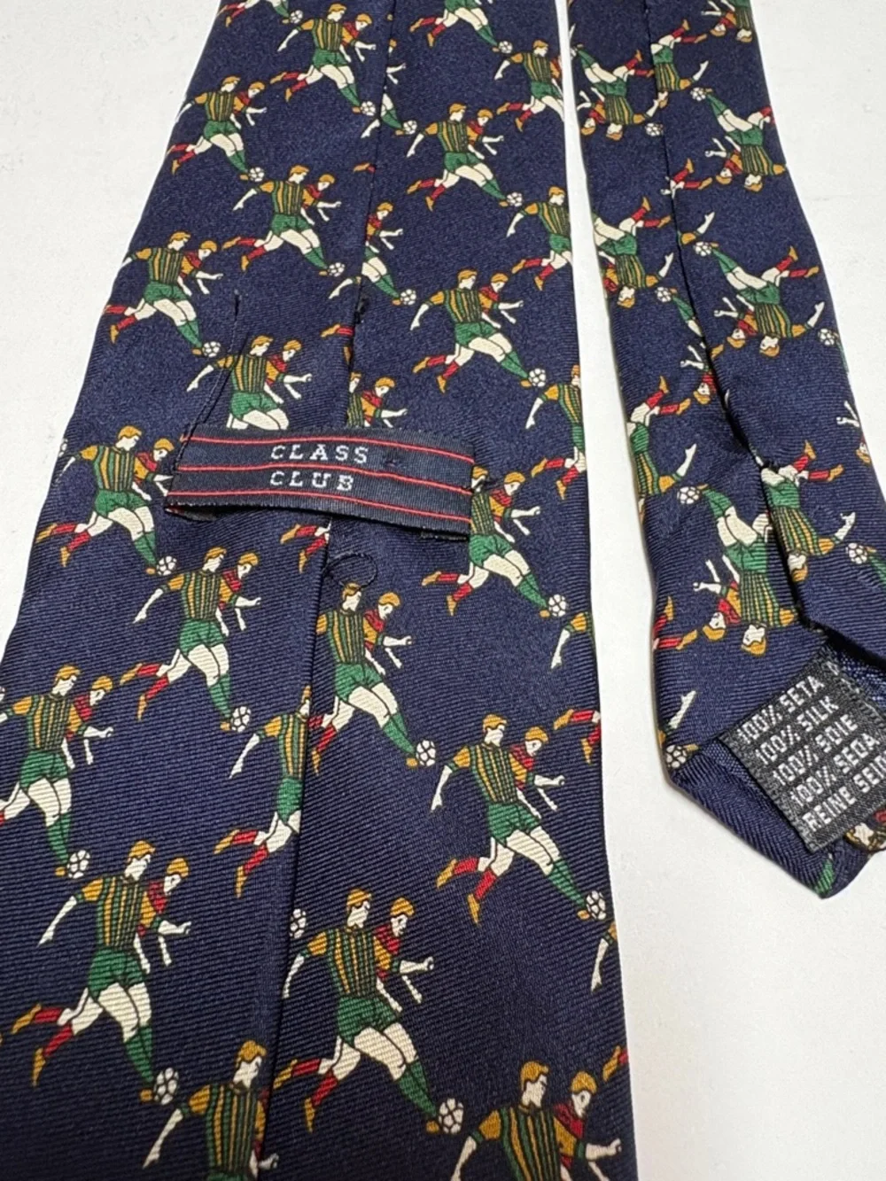 Class Club Young Men’s Navy Patterned Silk Tie - Navy Multicolor Soccer Motif